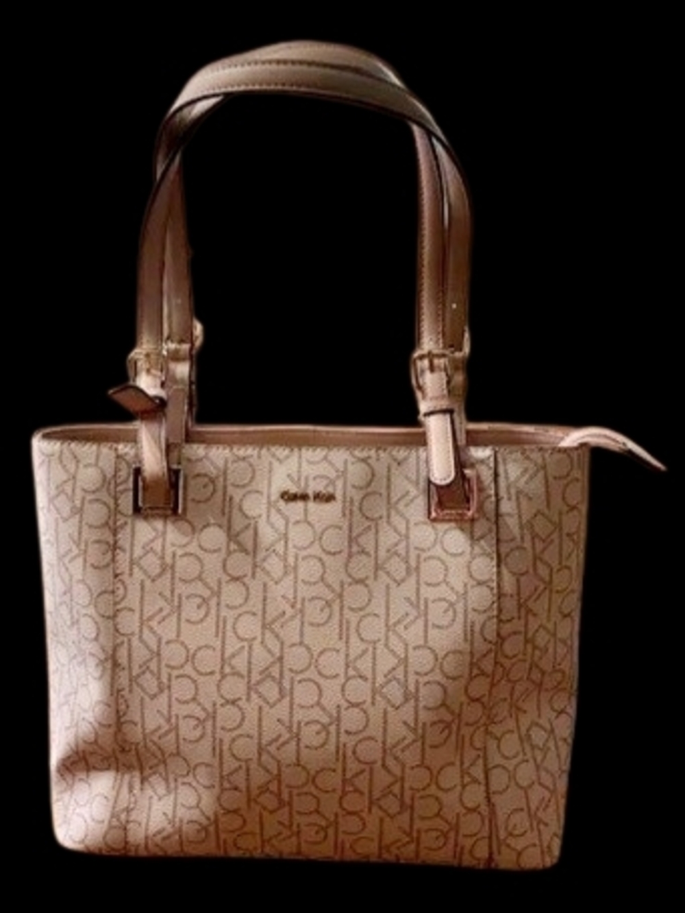 Calvin Klein Taupe Monogram Tote with Contrast Straps
